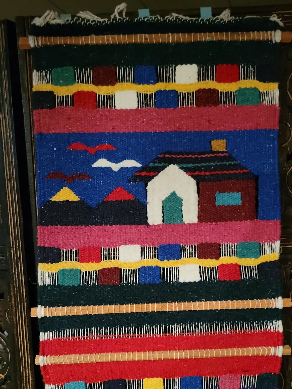 Hand Crafted Blue Pink Multicolor Southwestern Geometric Wall Tapestry